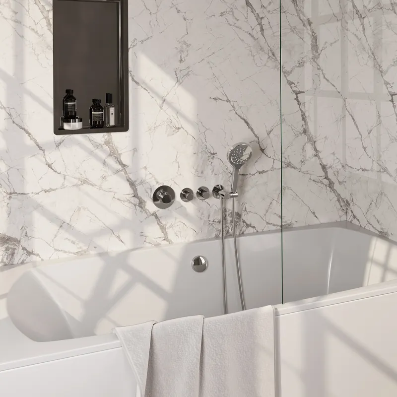 Gratis Retour Brauer Chrome Carving Thermostatische Inbouw Badkraan met Omstel, Badvulcombinatie, Stopkranen, Wandhouder met Wateruitlaat, 3-Standen Handdouche & Doucheslang - Set 2 - Geribbeld Draaiknoppen - Chroom