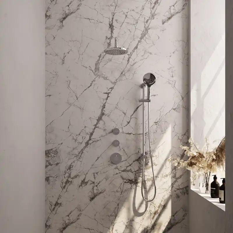Flitsaanbieding Brauer Chrome Editon Regendoucheset: Thermostatische Inbouwkraan met Stopkranen, Gebogen Wandarm, Douchekop 20cm, Glijstang met Wateruitlaat, 3-Standen Handdouche & Doucheslang - Set 21 - Draaiknoppen - Chroom