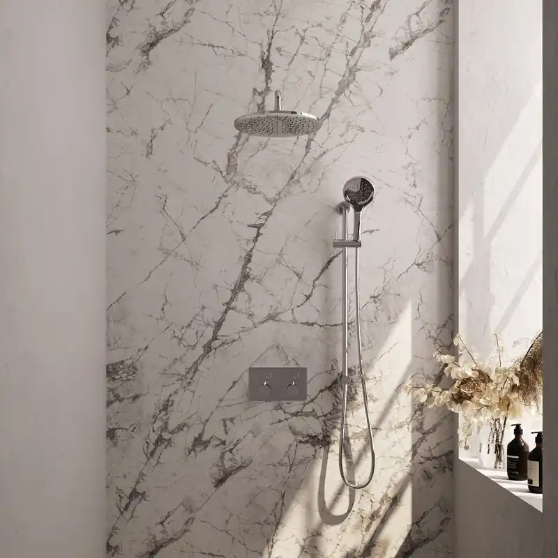 Brauer Chrome Editon Regendoucheset: Thermostatische Inbouwkraan met Drukknoppen, Gebogen Wandarm, Douchekop 30cm, Glijstang met Wateruitlaat, 3-Standen Handdouche & Doucheslang - Set 70 - Draaiknoppen - Chroom Must-Have