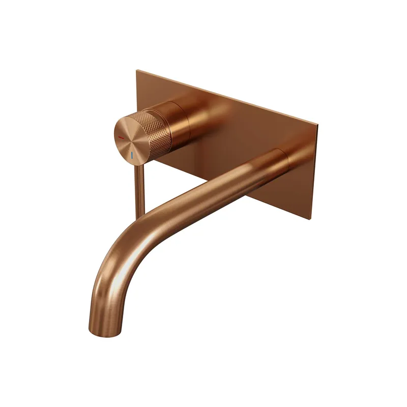 Brauer Copper Carving Inbouw Wastafelmengkraan met Rechte Uitloop & Afdekplaat - Model A1 - Geribbeld Hendel Links - PVD - PVD - Geborsteld Koper Laatste Kans