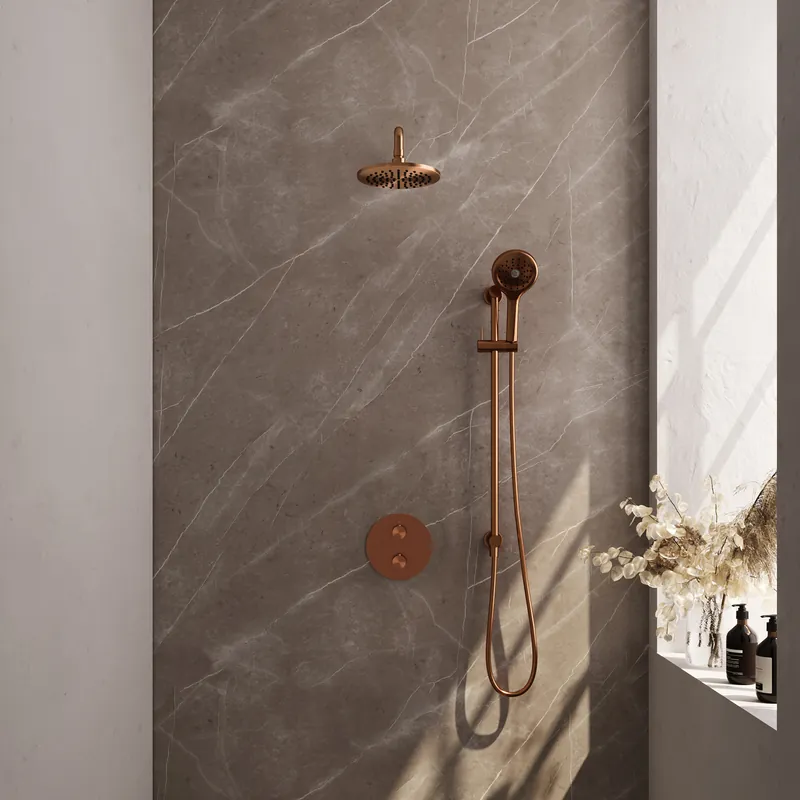 Koop Vandaag Brauer Copper Carving Regendoucheset: Thermostatische Inbouwkraan met 3-Weg Omstel, Gebogen Wandarm, Douchekop 20cm, Geintegreerde Glijstang, 3-Standen Handdouche & Doucheslang - Set 93 - Draaiknoppen - Geborsteld Koper