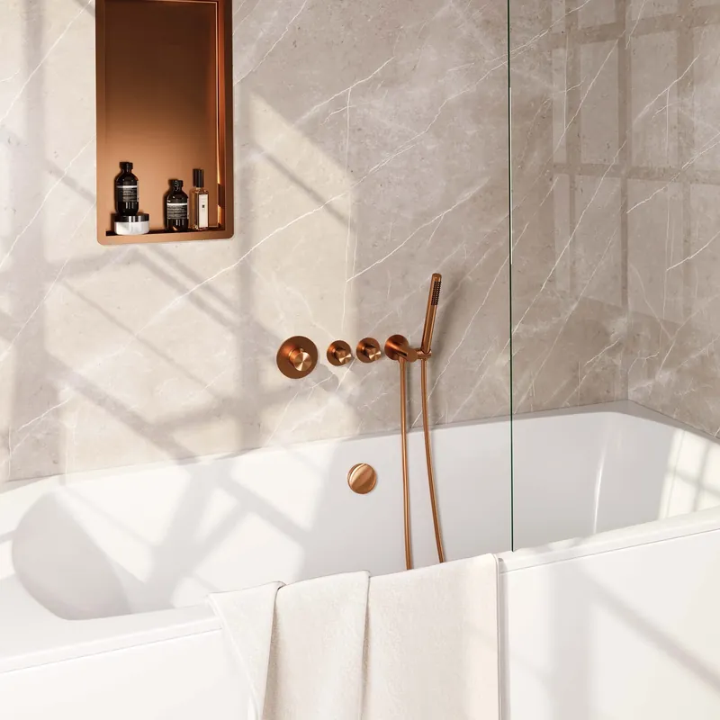 Brauer Copper Carving Thermostatische Inbouw Badkraan met Omstel, Badvulcombinatie, Stopkranen, Wandhouder met Wateruitlaat, Staafhanddouche & Doucheslang - Set 1 - Geribbeld Draaiknoppen - PVD - Geborsteld Koper Koop Vandaag