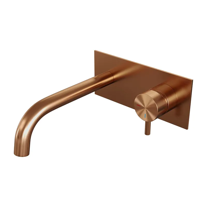 Brauer Copper Edition Inbouw Wastafelmengkraan met Gebogen Uitloop & Afdekplaat - Model B1 - Hendel Rechts - PVD - Geborsteld Koper Laatste Versie