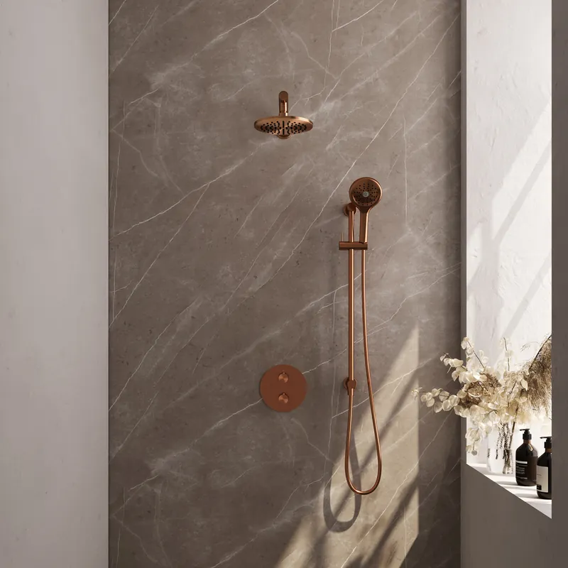 Brauer Copper Edition Regendoucheset: Thermostatische Inbouwkraan met 3-Weg Omstel, Rechte Wandarm, Douchekop 20cm, Geintegreerde Glijstang, 3-Standen Handdouche & Doucheslang - Set 91 - Draaiknoppen - Geborsteld Koper Goedkoop