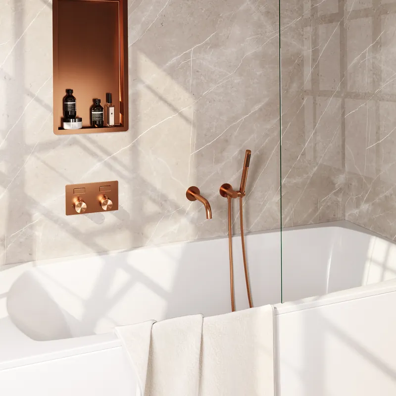 Gereduceerde Prijs Brauer Copper Edition Thermostatische Inbouw Badkraan met Omstel, Uitloop, Drukknoppen, Wandhouder met Wateruitlaat, Staafhanddouche & Doucheslang - Set 3 - Draaiknoppen - PVD - Geborsteld Koper