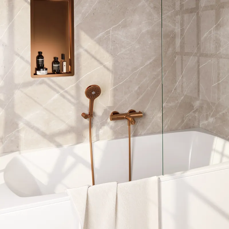 Brauer Copper Edition Thermostatische Opbouw Badkraan met Omstel, Wandhouder, 3-Standen Handdouche & Doucheslang - Set 4 - Draaiknoppen - PVD - Geborsteld Koper Lage Kosten