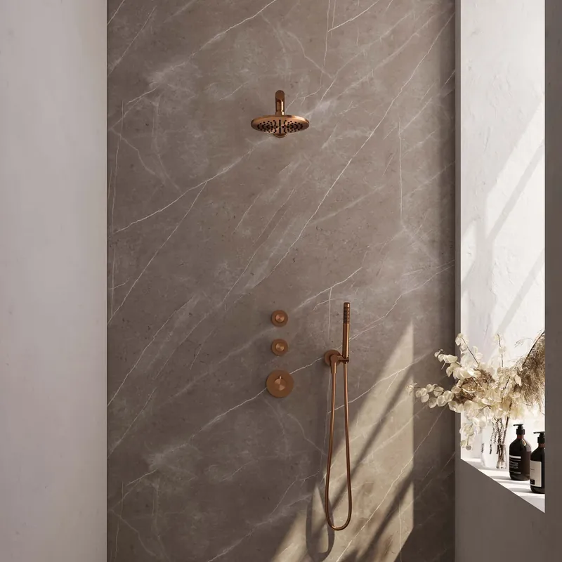 Beste Prijs Brauer Copper Editon Regendoucheset: Thermostatische Inbouwkraan met Stopkranen, Rechte Wandarm, Douchekop 20cm, Wandhouder met Wateruitlaat, Staafhanddouche & Doucheslang - Set 1 - Draaiknoppen - PVD - Geborsteld Koper