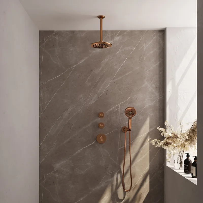 Laatste Kans Brauer Copper Editon Regendoucheset: Thermostatische Inbouwkraan met Stopkranen, Plafondarm, Douchekop 20cm, Wandhouder met Wateruitlaat, 3-Standen Handdouche & Doucheslang - Set 11 - Draaiknoppen - PVD - Geborsteld Koper