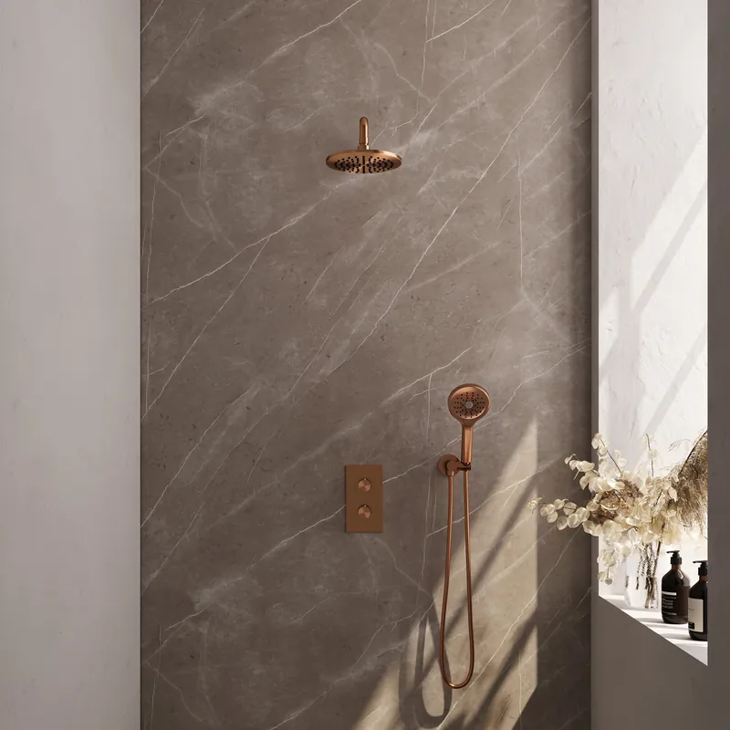 Brauer Copper Editon Regendoucheset: Thermostatische Inbouwkraan met 3-Weg Omstel, Gebogen Wandarm, Douchekop 20cm, Wandhouder met Wateruitlaat, 3-Standen Handdouche & Doucheslang - Set 33 - Draaiknoppen - PVD - Geborsteld Koper Hete Deal