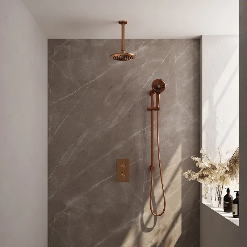 Rechtstreeks Van De Fabrikant Brauer Copper Editon Regendoucheset: Thermostatische Inbouwkraan met 3-Weg Omstel, Plafondarm, Douchekop 20cm, Glijstang met Wateruitlaat, 3-Standen Handdouche & Doucheslang - Set 47 - Draaiknoppen - PVD - Geborsteld Koper