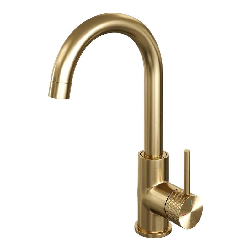 Laatste Kans Brauer Gold Carving Opbouw Wastafelmengkraan met Draaibare Ronde Uitloop - Model A - Hoog - Geribbeld Hendel - PVD - PVD - Geborsteld Goud