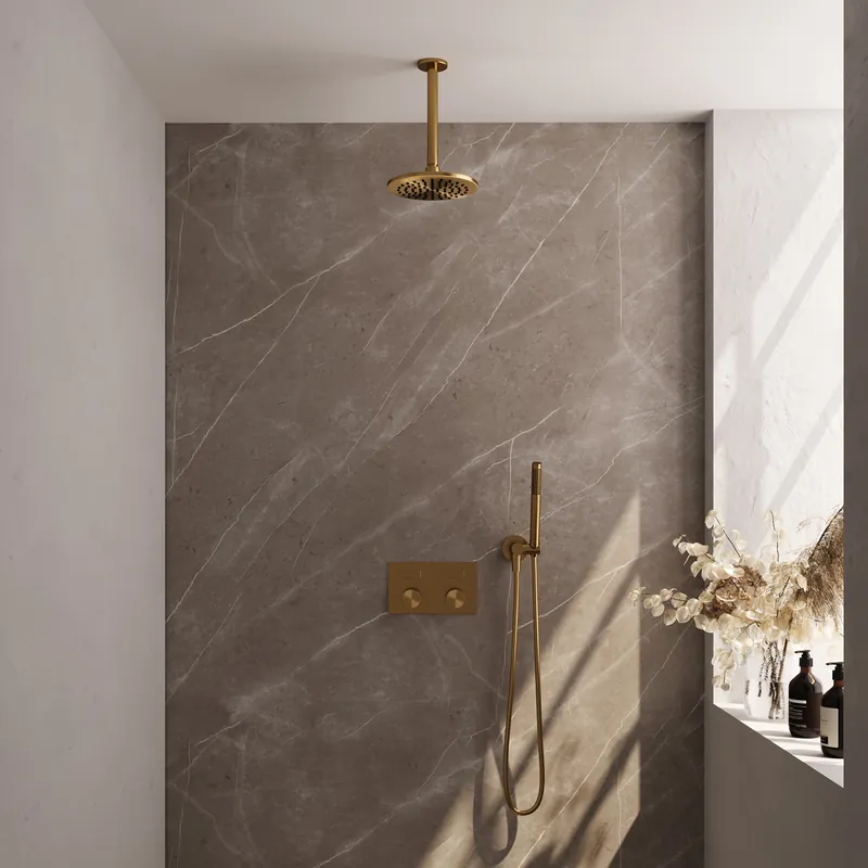 Brauer Gold Carving Regendoucheset: Thermostatische Inbouwkraan met Drukknoppen, Plafondarm, Douchekop 20cm, Wandhouder met Wateruitlaat, Staafhanddouche & Doucheslang - Set 53 - Geribbeld Draaiknoppen - PVD - Geborsteld Goud Goedkoop