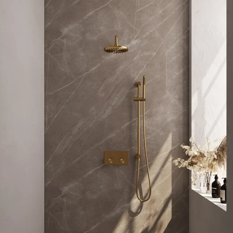 Betrouwbaar Brauer Gold Carving Regendoucheset: Thermostatische Inbouwkraan met Drukknoppen, Gebogen Wandarm, Douchekop 20cm, Glijstang met Wateruitlaat, Staafhanddouche & Doucheslang - Set 63 - Geribbeld Draaiknoppen - PVD - Geborsteld Goud