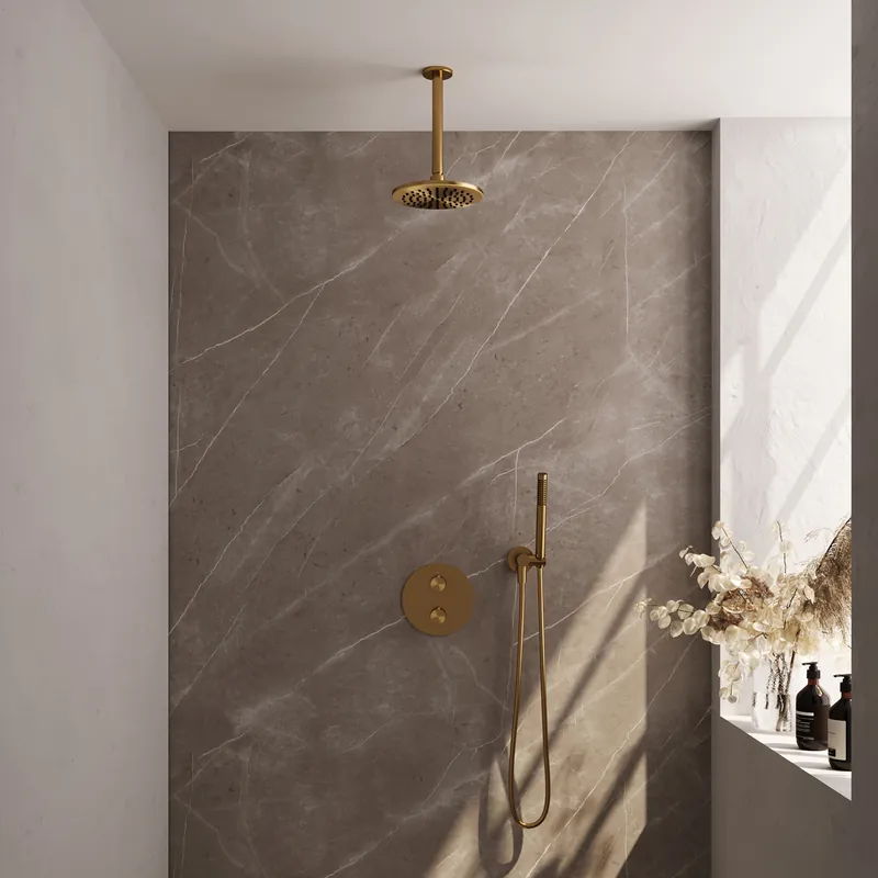 Nieuw Brauer Gold Carving Regendoucheset: Thermostatische Inbouwkraan met 3-Weg Omstel, Plafondarm, Douchekop 20cm, Wandaansluitbocht, Staafhanddouche & Doucheslang - Set 77 - Draaiknoppen - Geborsteld Goud