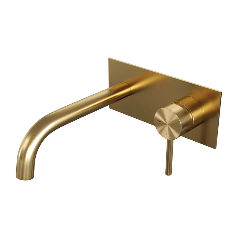 Lage Prijs Brauer Gold Edition Inbouw Wastafelmengkraan met Gebogen Uitloop & Afdekplaat - Model A1 - Hendel Rechts - PVD - Geborsteld Goud