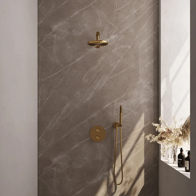 Betaalbaar Brauer Gold Edition Regendoucheset: Thermostatische Inbouwkraan met 3-Weg Omstel, Rechte Wandarm, Douchekop 20cm, Wandaansluitbocht, Staafhanddouche & Doucheslang - Set 73 - Draaiknoppen - Geborsteld Goud