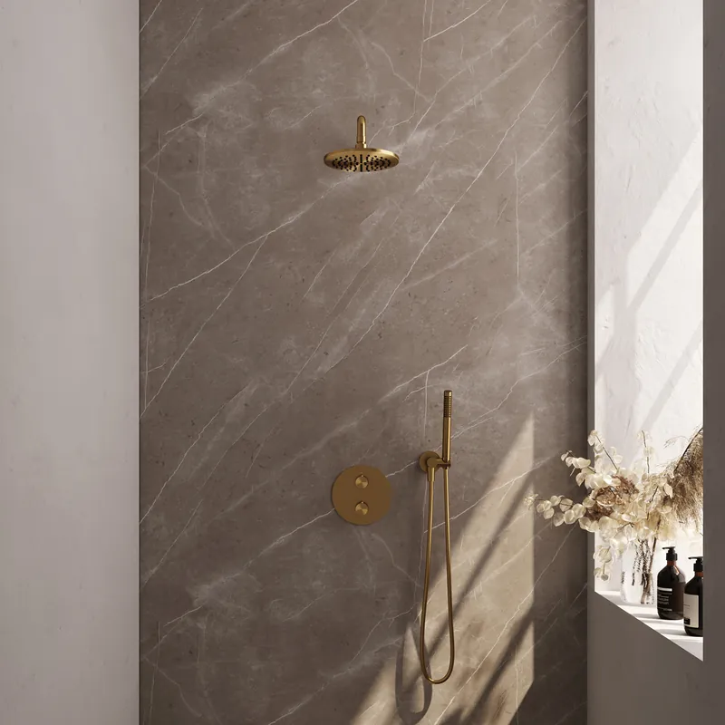 Must-Have Brauer Gold Edition Regendoucheset: Thermostatische Inbouwkraan met 3-Weg Omstel, Gebogen Wandarm, Douchekop 20cm, Wandaansluitbocht, Staafhanddouche & Doucheslang - Set 75 - Draaiknoppen - Geborsteld Goud