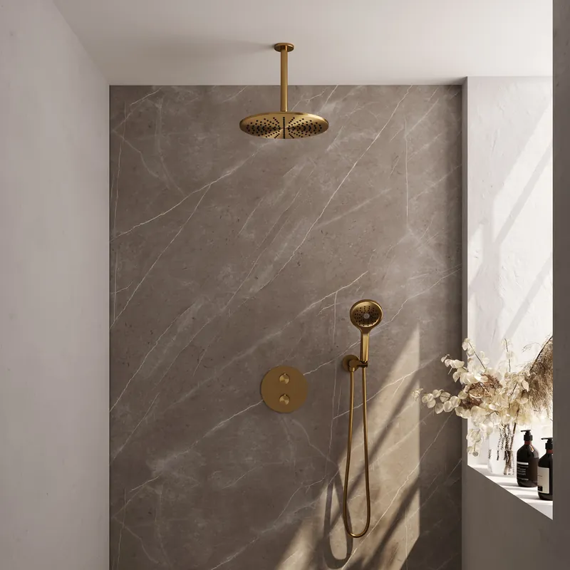 Shop Nu Brauer Gold Edition Regendoucheset: Thermostatische Inbouwkraan met 3-Weg Omstel, Plafondarm, Douchekop 30cm, Wandaansluitbocht, 3-Standen Handdouche & Doucheslang - Set 84 - Draaiknoppen - Geborsteld Goud