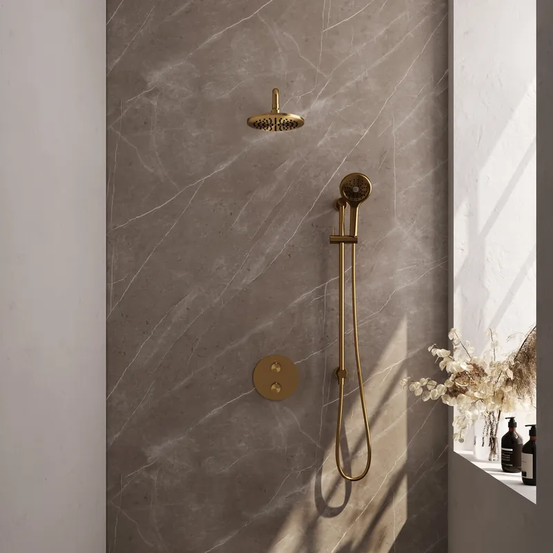 Seizoensaanbieding Brauer Gold Edition Regendoucheset: Thermostatische Inbouwkraan met 3-Weg Omstel, Gebogen Wandarm, Douchekop 20cm, Geintegreerde Glijstang, 3-Standen Handdouche & Doucheslang - Set 93 - Draaiknoppen - Geborsteld Goud