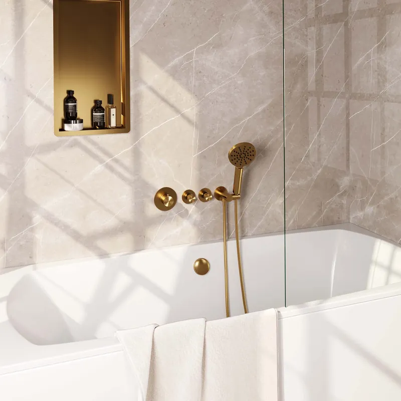 Fabrieksprijs Brauer Gold Edition Thermostatische Inbouw Badkraan met Omstel, Badvulcombinatie, Stopkranen, Wandhouder met Wateruitlaat, 3-Standen Handdouche & Doucheslang - Set 2 - Draaiknoppen - PVD - Geborsteld Goud