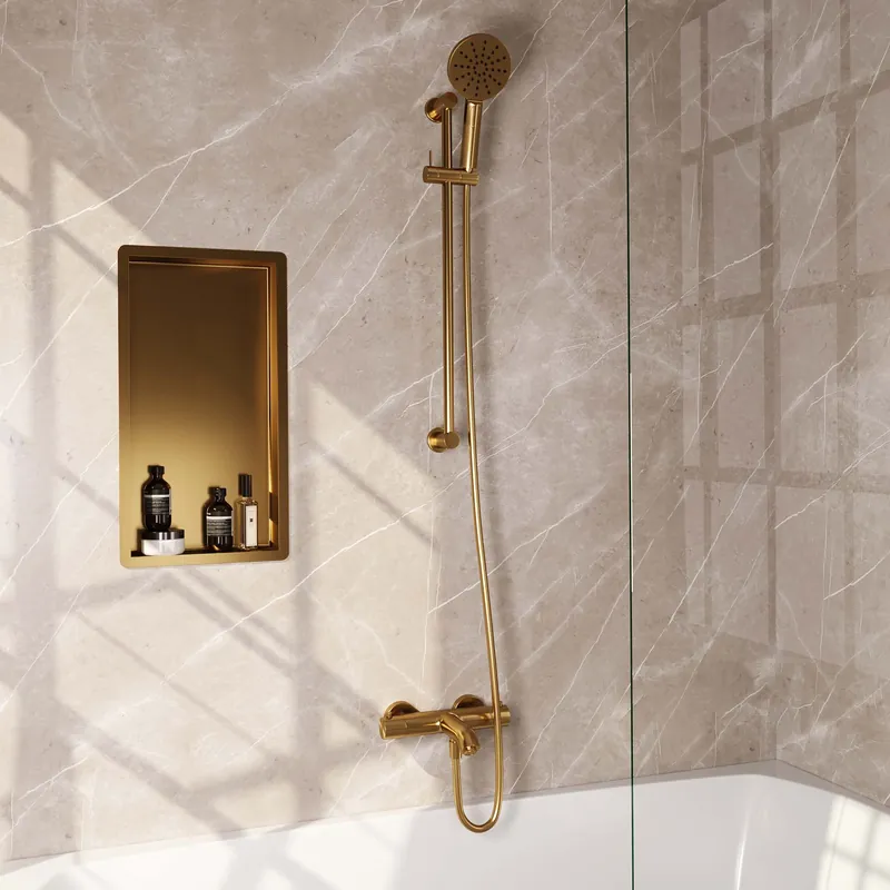 Dagaanbieding Brauer Gold Edition Thermostatische Opbouw Badkraan met Omstel, Glijstang, 3-Standen Handdouche & Doucheslang - Set 2 - Draaiknoppen - PVD - Geborsteld Goud