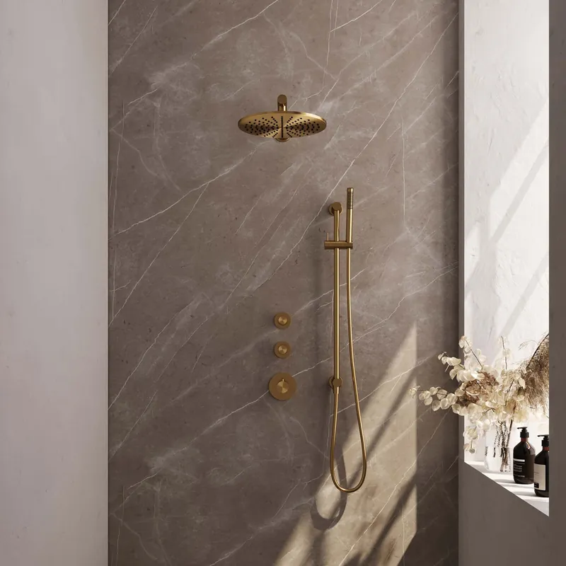 Voordeelprijs Brauer Gold Editon Regendoucheset: Thermostatische Inbouwkraan met Stopkranen, Rechte Wandarm, Douchekop 30cm, Glijstang met Wateruitlaat, Staafhanddouche & Doucheslang - Set 14 - Draaiknoppen - PVD - Geborsteld Goud