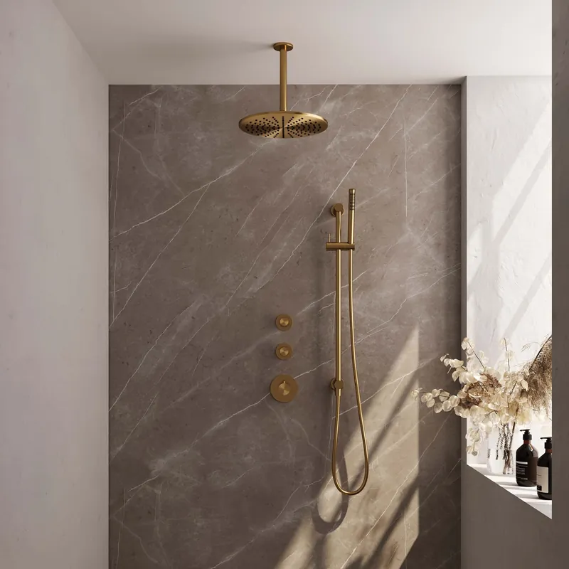 Gratis Retour Brauer Gold Editon Regendoucheset: Thermostatische Inbouwkraan met Stopkranen, Plafondarm, Douchekop 30cm, Glijstang met Wateruitlaat, Staafhanddouche & Doucheslang - Set 18 - Draaiknoppen - PVD - Geborsteld Goud