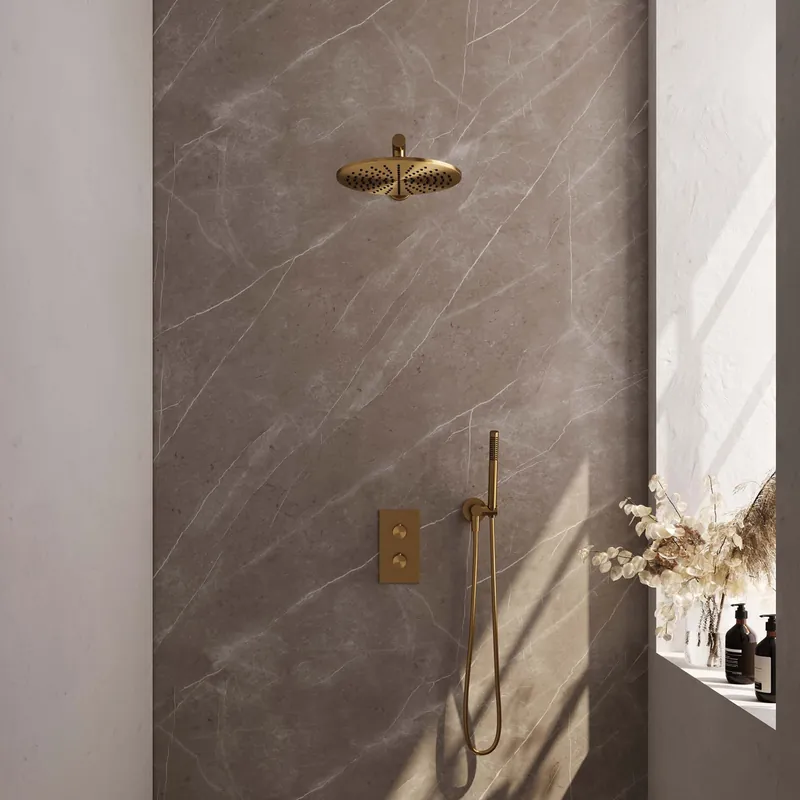 Actieprijs Brauer Gold Editon Regendoucheset: Thermostatische Inbouwkraan met 3-Weg Omstel, Rechte Wandarm, Douchekop 30cm, Wandhouder met Wateruitlaat, Staafhanddouche & Doucheslang - Set 26 - Draaiknoppen - PVD - Geborsteld Goud