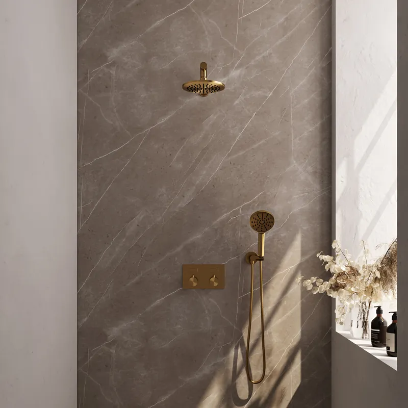 Tijdelijk Beschikbaar Brauer Gold Editon Regendoucheset: Thermostatische Inbouwkraan met Drukknoppen, Rechte Wandarm, Douchekop 20cm, Wandhouder met Wateruitlaat, 3-Standen Handdouche & Doucheslang - Set 55 - Draaiknoppen - PVD - Geborsteld Goud