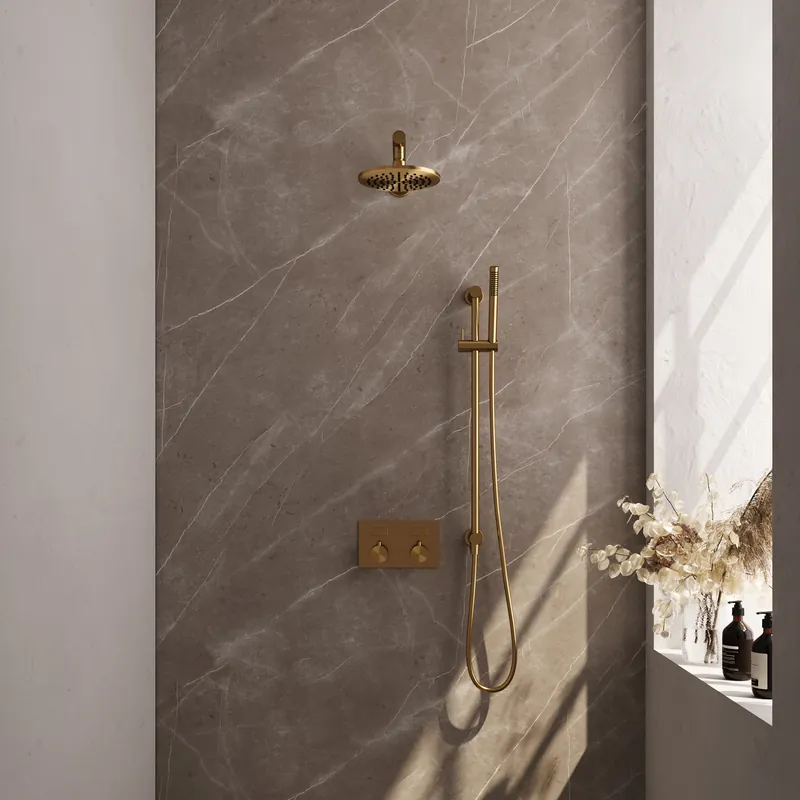 Uitverkoop Brauer Gold Editon Regendoucheset: Thermostatische Inbouwkraan met Drukknoppen, Rechte Wandarm, Douchekop 20cm, Glijstang met Wateruitlaat, Staafhanddouche & Doucheslang - Set 61 - Draaiknoppen - PVD - Geborsteld Goud