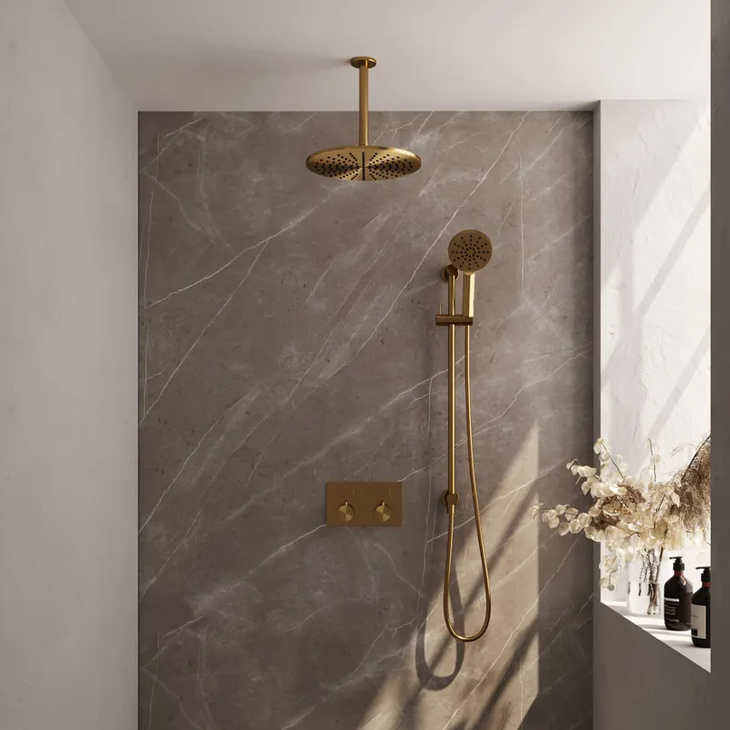 Express Levering Brauer Gold Editon Regendoucheset: Thermostatische Inbouwkraan met Drukknoppen, Plafondarm, Douchekop 30cm, Glijstang met Wateruitlaat, 3-Standen Handdouche & Doucheslang - Set 72 - Draaiknoppen - PVD - Geborsteld Goud