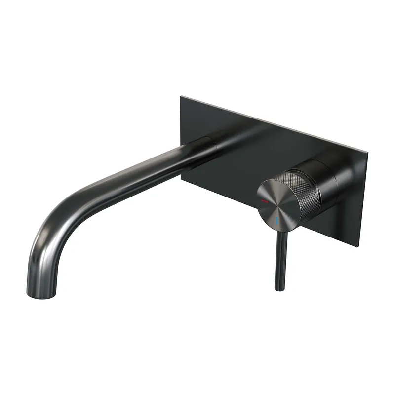 Nu Kopen Brauer Gunmetal Carving Inbouw Wastafelmengkraan met Gebogen Uitloop & Afdekplaat - Model A1 - Geribbeld Hendel Rechts - PVD - PVD - Geborsteld Gunmetal