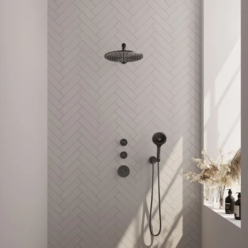 Gratis Retour Brauer Gunmetal Carving Regendoucheset: Thermostatische Inbouwkraan met Stopkranen, Rechte Wandarm, Douchekop 30cm, Wandhouder met Wateruitlaat, 3-Standen Handdouche & Doucheslang - Set 8 - Geribbeld Draaiknoppen - PVD - Geborsteld Gunmetal