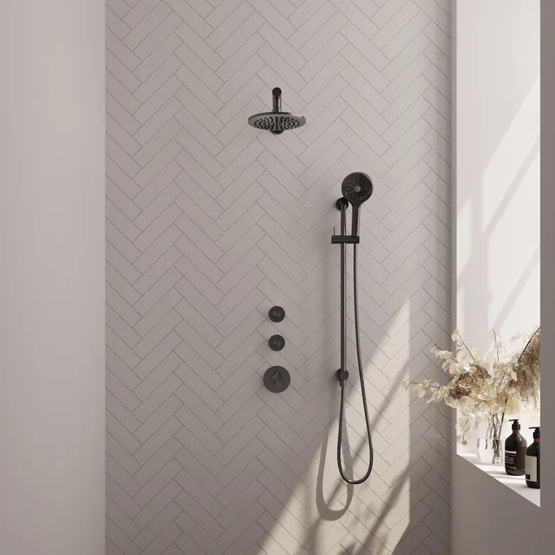 Lage Kosten Brauer Gunmetal Carving Regendoucheset: Thermostatische Inbouwkraan met Stopkranen, Rechte Wandarm, Douchekop 20cm, Glijstang met Wateruitlaat, 3-Standen Handdouche & Doucheslang - Set 19 - Geribbeld Draaiknoppen - PVD - Geborsteld Gunmetal