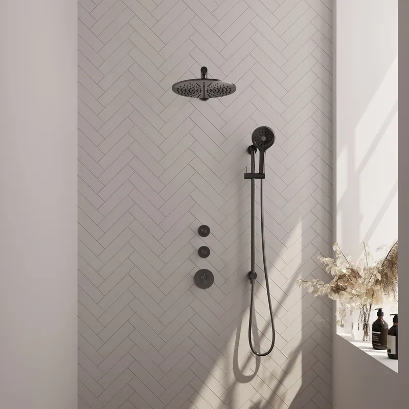 Bestel Nu Brauer Gunmetal Carving Regendoucheset: Thermostatische Inbouwkraan met Stopkranen, Rechte Wandarm, Douchekop 30cm, Glijstang met Wateruitlaat, 3-Standen Handdouche & Doucheslang - Set 20 - Geribbeld Draaiknoppen - PVD - Geborsteld Gunmetal