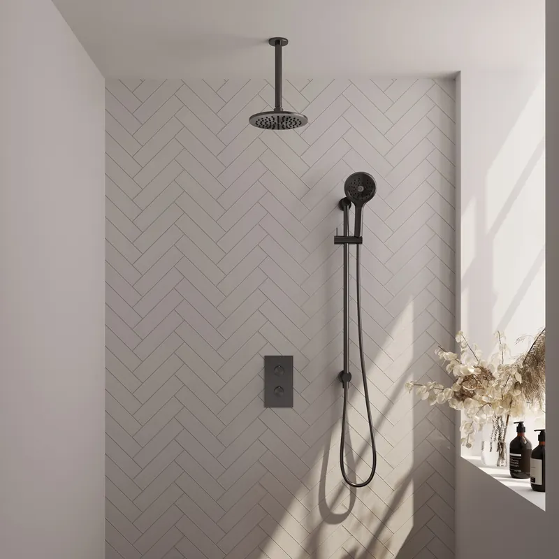 Betrouwbaar Brauer Gunmetal Carving Regendoucheset: Thermostatische Inbouwkraan met 3-Weg Omstel, Plafondarm, Douchekop 20cm, Glijstang met Wateruitlaat, 3-Standen Handdouche & Doucheslang - Set 47 - Geribbeld Draaiknoppen - PVD - Geborsteld Gunmetal