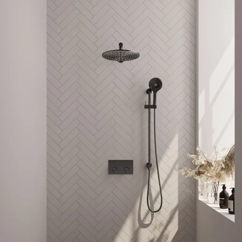 Lage Prijs Brauer Gunmetal Carving Regendoucheset: Thermostatische Inbouwkraan met Drukknoppen, Rechte Wandarm, Douchekop 30cm, Glijstang met Wateruitlaat, 3-Standen Handdouche & Doucheslang - Set 68 - Geribbeld Draaiknoppen - PVD - Geborsteld Gunmetal
