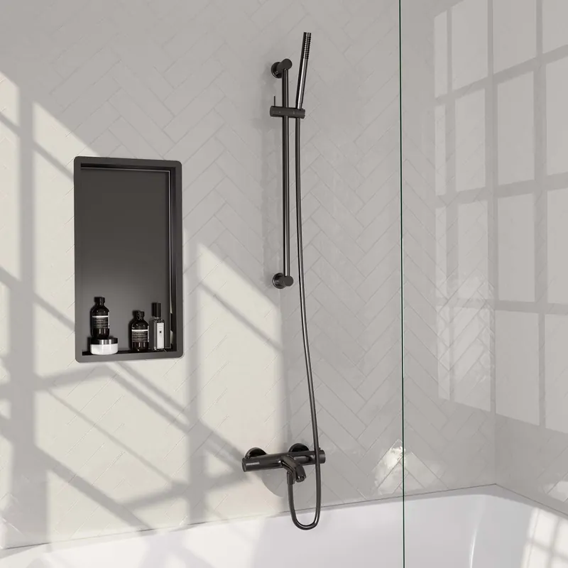 Dagaanbieding Brauer Gunmetal Carving Thermostatische Opbouw Badkraan met Omstel, Glijstang, Staafhanddouche & Doucheslang - Set 1 - Geribbeld Draaiknoppen - PVD - Geborsteld Gunmetal
