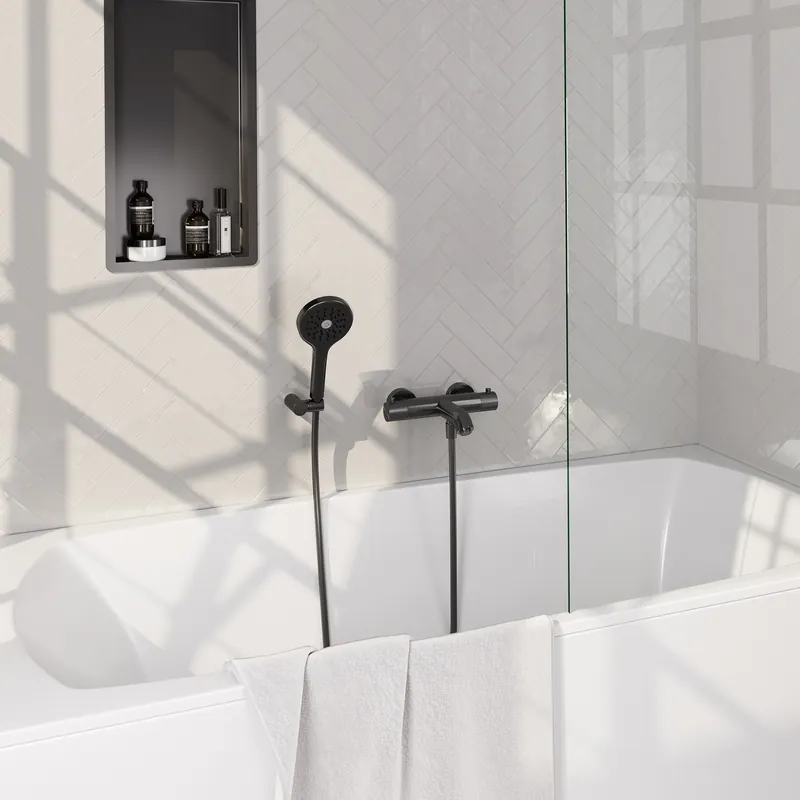 Beste Prijs Brauer Gunmetal Carving Thermostatische Opbouw Badkraan met Omstel, Wandhouder, 3-Standen Handdouche & Doucheslang - Set 4 - Geribbeld Draaiknoppen - PVD - Geborsteld Gunmetal