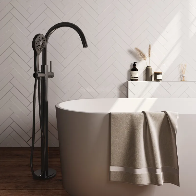 Laatste Kans Brauer Gunmetal Carving Vrijstaande Badkraan met 3-Standen Handdouche & Doucheslang - Set 2 - Geribbeld Hendel - PVD - PVD - Geborsteld Gunmetal