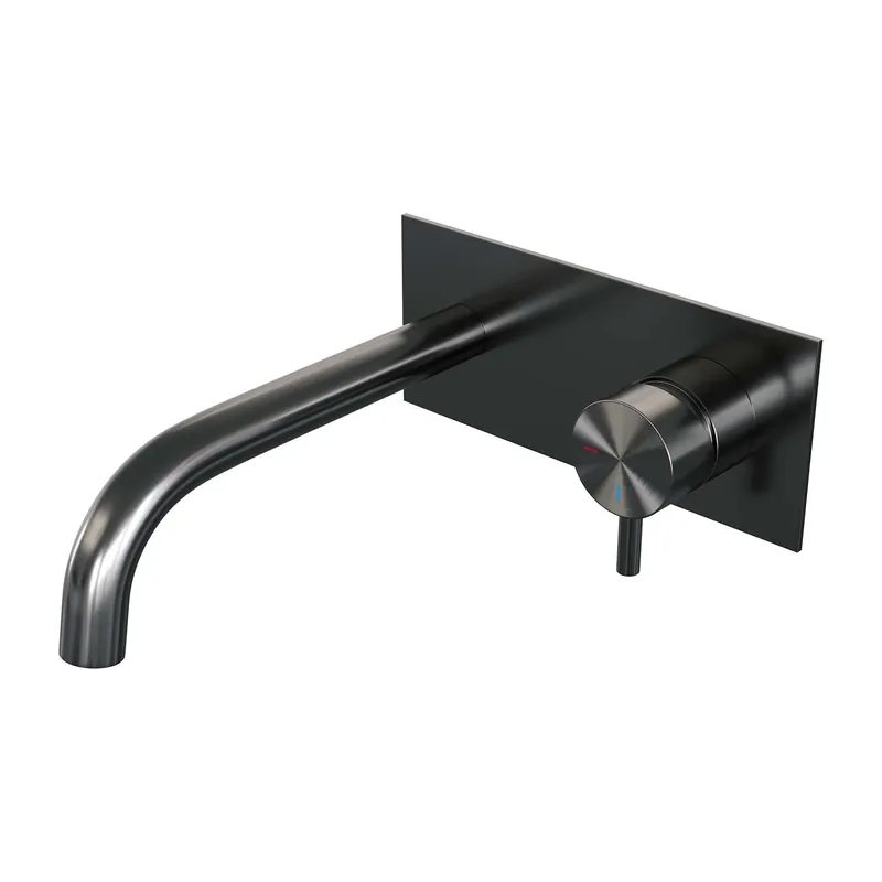 Speciale Aanbieding Brauer Gunmetal Edition Inbouw Wastafelmengkraan met Gebogen Uitloop & Afdekplaat - Model B1 - Hendel Rechts - PVD - Geborsteld Gunmetal