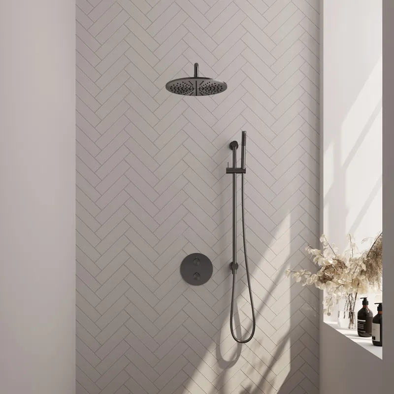 Beperkt Aanbod Brauer Gunmetal Edition Regendoucheset: Thermostatische Inbouwkraan met 3-Weg Omstel, Gebogen Wandarm, Douchekop 30cm, Geintegreerde Glijstang, Staafhanddouche & Doucheslang - Set 88 - Draaiknoppen - Geborsteld Gunmetal
