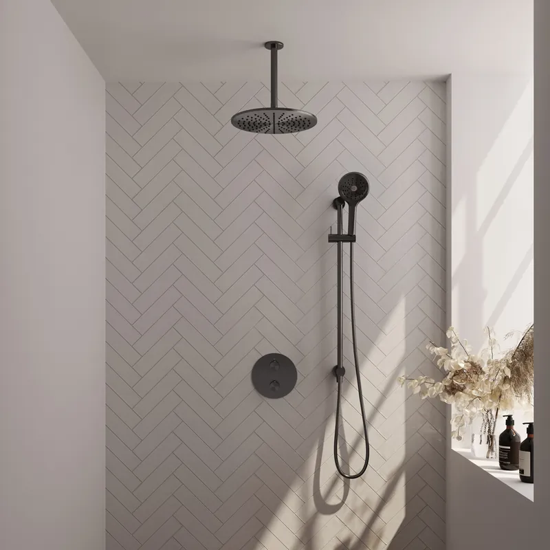 Lage Kosten Brauer Gunmetal Edition Regendoucheset: Thermostatische Inbouwkraan met 3-Weg Omstel, Plafondarm, Douchekop 30cm, Geintegreerde Glijstang, 3-Standen Handdouche & Doucheslang - Set 96 - Draaiknoppen - Geborsteld Gunmetal
