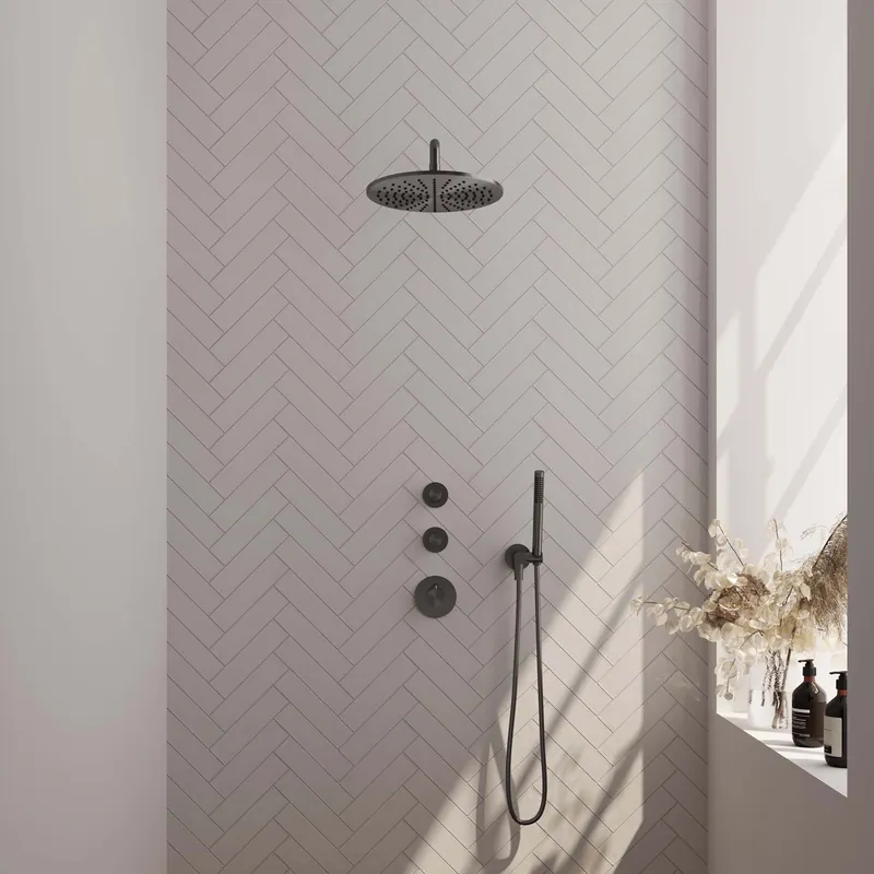 Koopje Brauer Gunmetal Editon Regendoucheset: Thermostatische Inbouwkraan met Stopkranen, Gebogen Wandarm, Douchekop 30cm, Wandhouder met Wateruitlaat, Staafhanddouche & Doucheslang - Set 4 - Draaiknoppen - PVD - Geborsteld Gunmetal