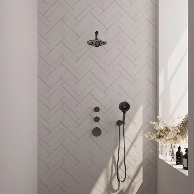 Betaalbaar Brauer Gunmetal Editon Regendoucheset: Thermostatische Inbouwkraan met Stopkranen, Rechte Wandarm, Douchekop 20cm, Wandhouder met Wateruitlaat, 3-Standen Handdouche & Doucheslang - Set 7 - Draaiknoppen - PVD - Geborsteld Gunmetal