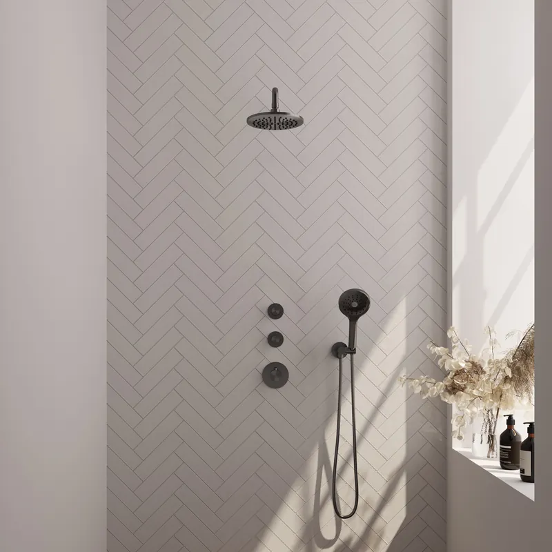 Bestseller Brauer Gunmetal Editon Regendoucheset: Thermostatische Inbouwkraan met Stopkranen, Gebogen Wandarm, Douchekop 20cm, Wandhouder met Wateruitlaat, 3-Standen Handdouche & Doucheslang - Set 9 - Draaiknoppen - PVD - Geborsteld Gunmetal