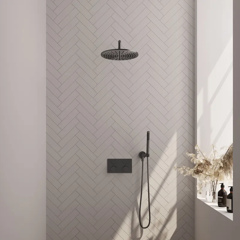 Lage Kosten Brauer Gunmetal Editon Regendoucheset: Thermostatische Inbouwkraan met Drukknoppen, Gebogen Wandarm, Douchekop 30cm, Wandhouder met Wateruitlaat, Staafhanddouche & Doucheslang - Set 52 - Draaiknoppen - PVD - Geborsteld Gunmetal