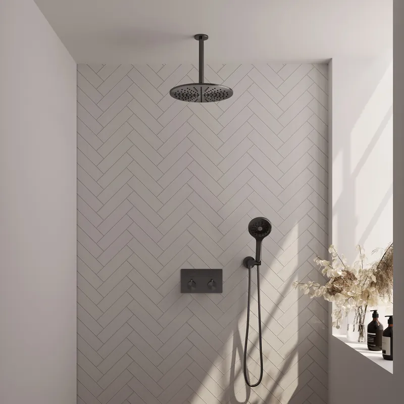 Shop Nu Brauer Gunmetal Editon Regendoucheset: Thermostatische Inbouwkraan met Drukknoppen, Plafondarm, Douchekop 30cm, Wandhouder met Wateruitlaat, 3-Standen Handdouche & Doucheslang - Set 60 - Draaiknoppen - PVD - Geborsteld Gunmetal