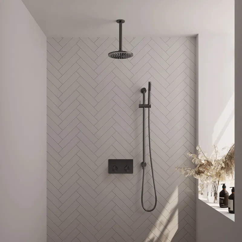 Nieuw Brauer Gunmetal Editon Regendoucheset: Thermostatische Inbouwkraan met Drukknoppen, Plafondarm, Douchekop 20cm, Glijstang met Wateruitlaat, Staafhanddouche & Doucheslang - Set 65 - Draaiknoppen - PVD - Geborsteld Gunmetal