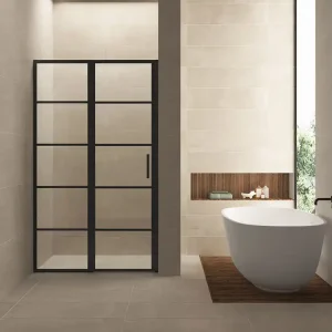Populair Wiesbaden Horizon Nisdeur met Raster en Vast Paneel - Nano Coating - 8mm Helder Glas - 140x200cm - Mat Zwart